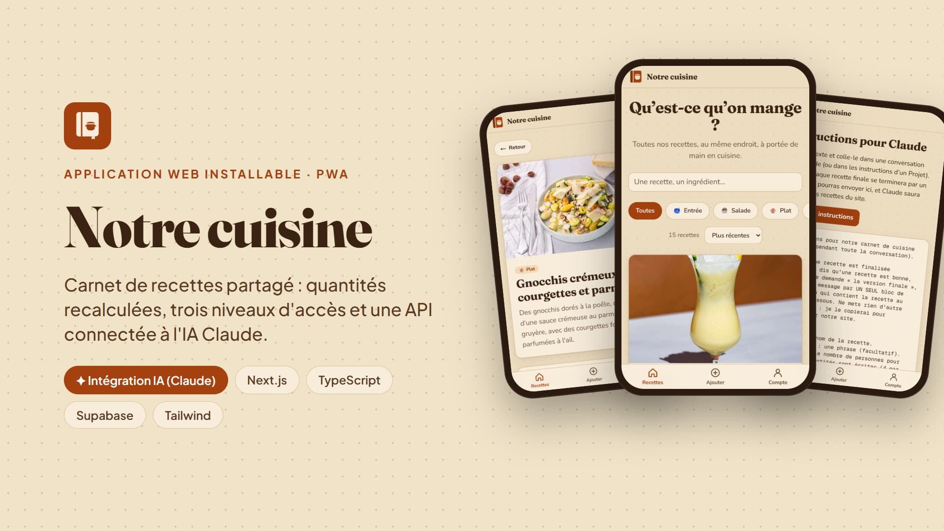 Couverture de Notre cuisine : logo carnet de recettes et écrans mobiles de l'application