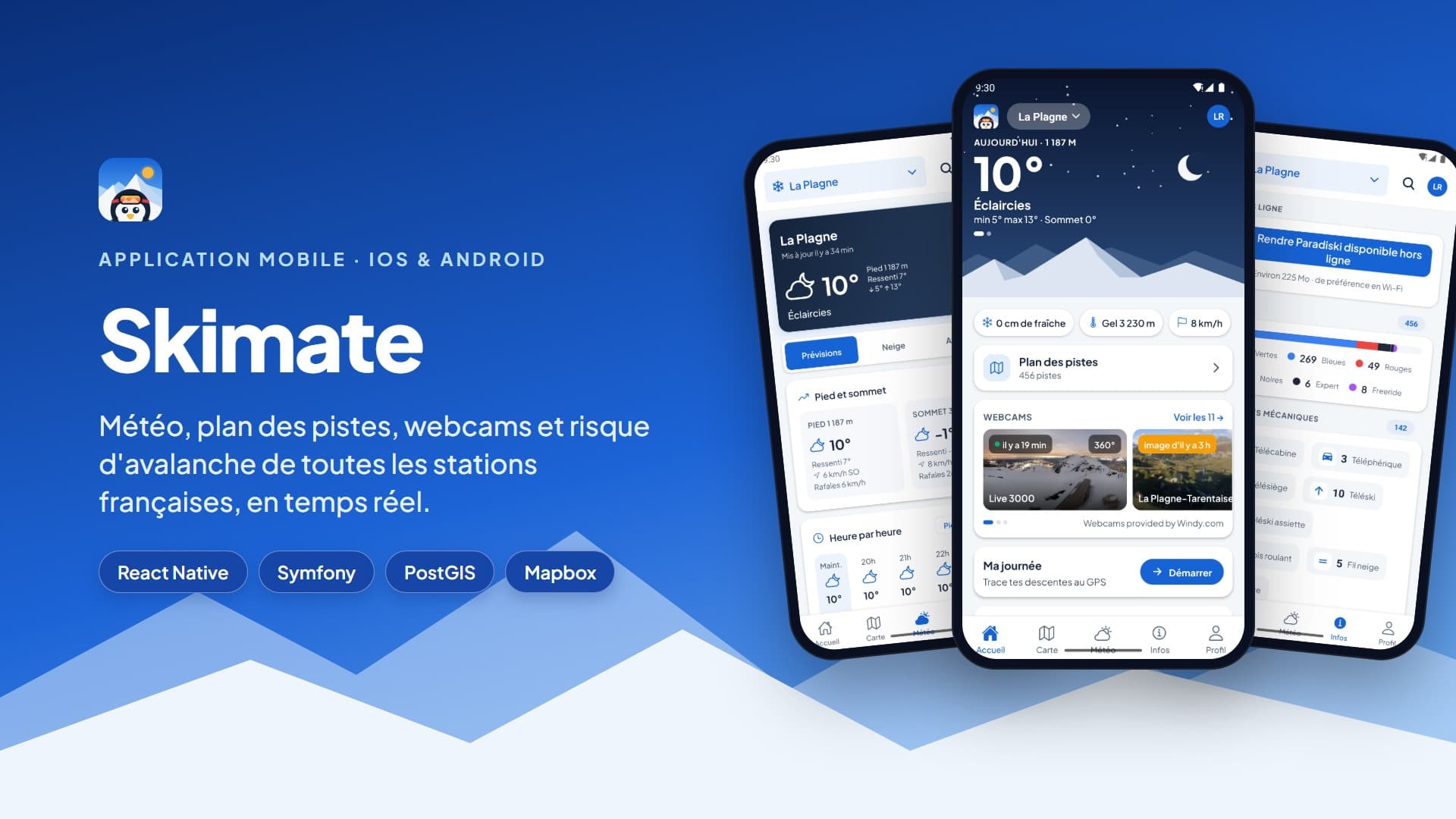 Couverture de SkiMate : logo pingouin et écrans météo, plan des pistes et webcams